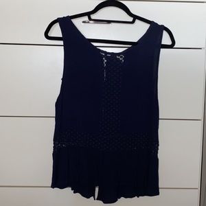 Navy Blue Buttoned Floral Lace Tank Top